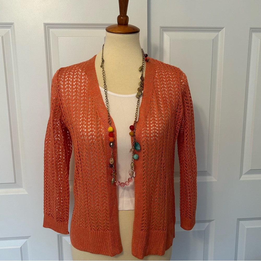80 Park Metallic Gold & Coral Open Knit Cardigan Sweater
